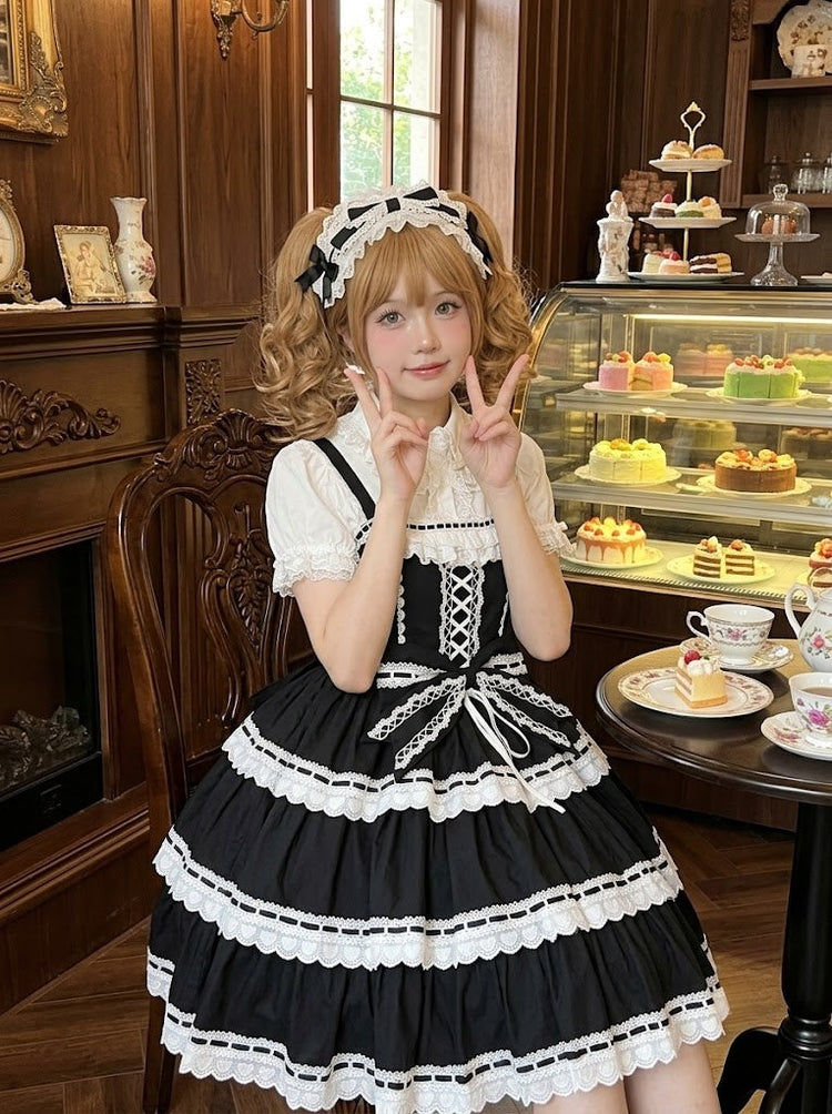 Black White Lace Tiered Lolita Jumper Dress with Blouse - view 4