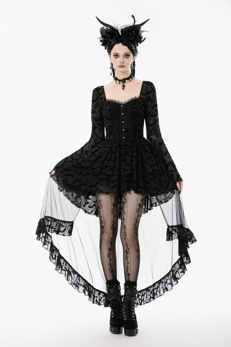 Black Square Collar Long Trumpet Sleeves Bat Printed Lace Irregular Hem Women's Gothic Dress - Product - 8