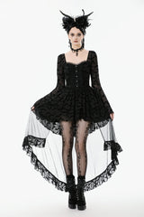 Black Square Collar Long Trumpet Sleeves Bat Printed Lace Irregular Hem Women's Gothic Dress - Product - 8
