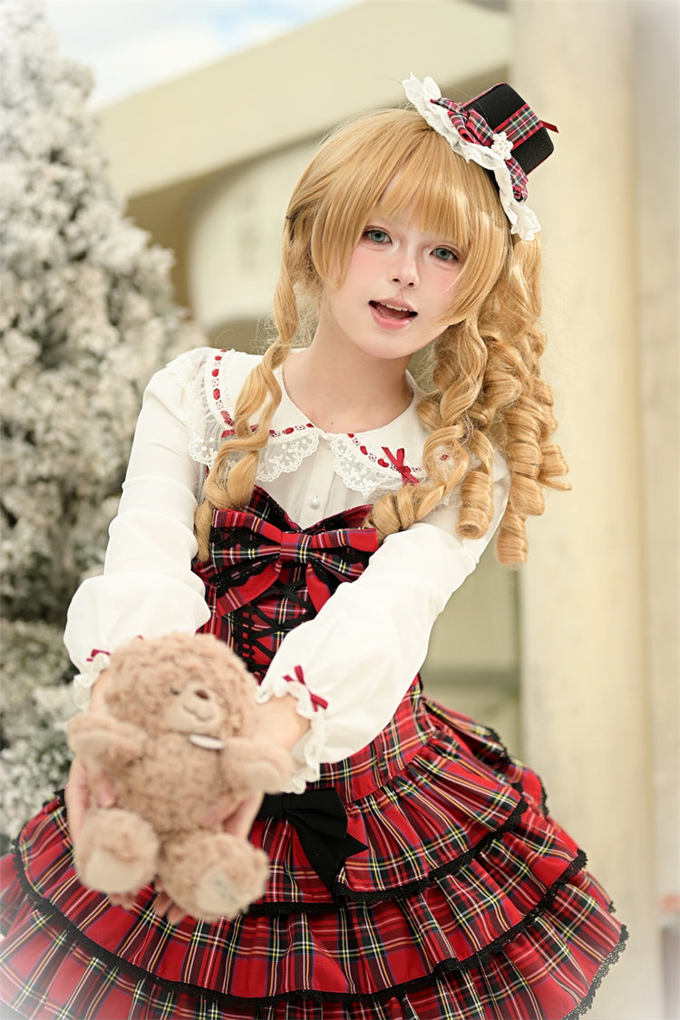 Red [Christmas Velvet Cake] Triple-Layered Printed Ruffled Bow Lace-Up Gothic Elegant Lolita Jsk Dress - Product - 22