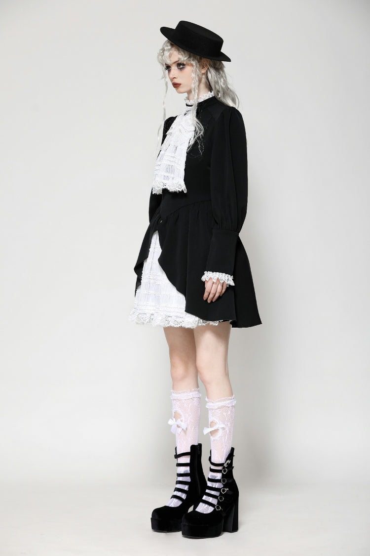 ブラック／ホワイト プリーツ レース スタンドカラー Jabot ロング パフスリーブ レディース ゴシック ワンピース 商品画像