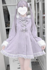 Grey/Purple Long Sleeves Bowknot Rabbit Ears Detachable Hooded Japanese Jirai Kei Coat - Product - 4