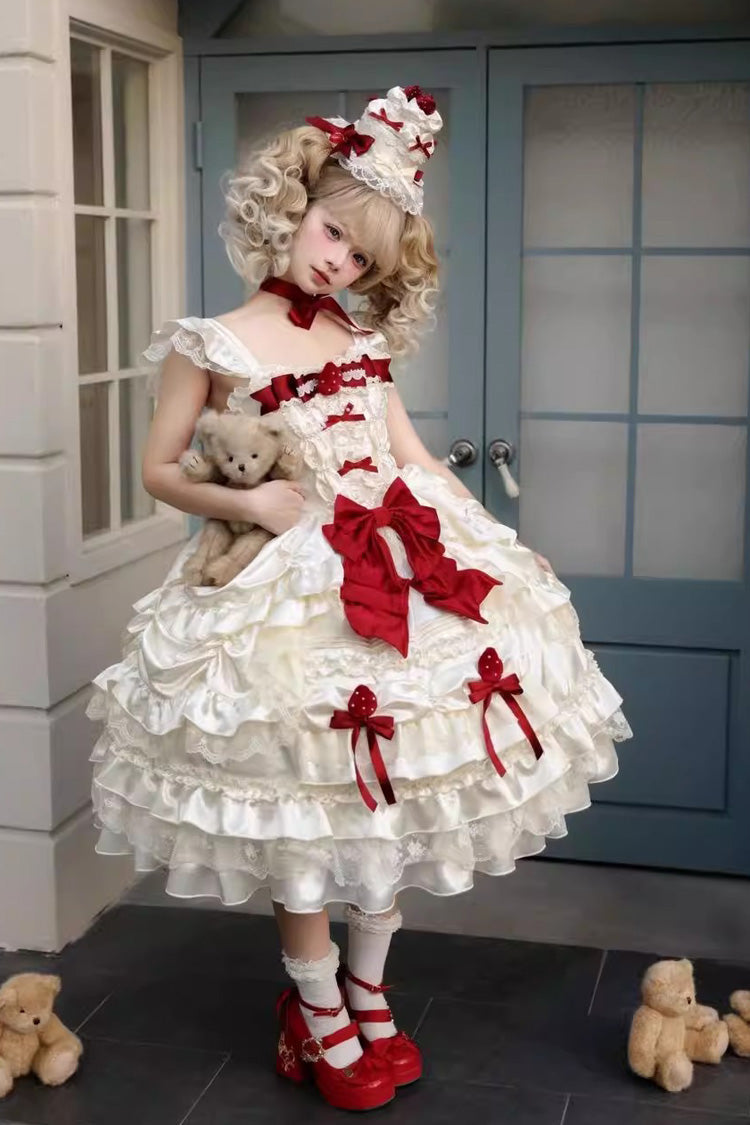 Apricot [Berry Endless] Square Collar Sleeveless Multi-Layered Ruffled Embroidered Bow Lace Sweet Lolita Jsk Dress - Product - 12
