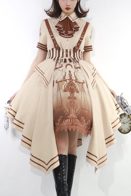 Beige British Style Short Sleeves Libra Print Cardigan Sweet Lolita Dress - Beige - 1