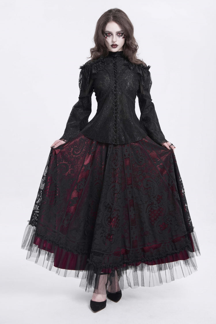 Black Stand Collar Long Trumpet Sleeves Embroidery Stitching Lace Women's Gothic Blouse - Product - 9
