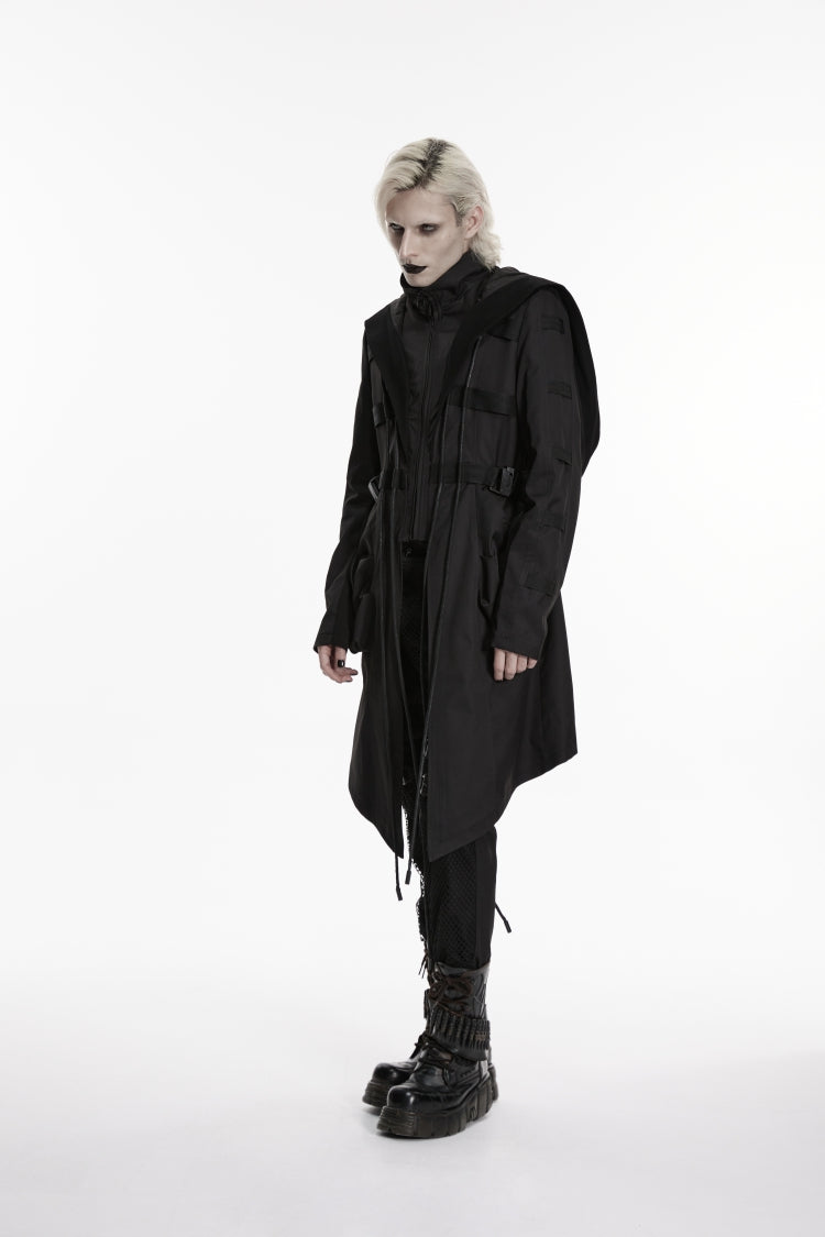 Black Stand Collar Long Sleeves Hooded Faux Two-Piece Zippered Men's Punk Big Pockets Strappy Jacket - Product - 9