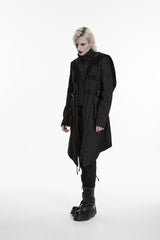 Black Stand Collar Long Sleeves Hooded Faux Two-Piece Zippered Men's Punk Big Pockets Strappy Jacket - Product - 9