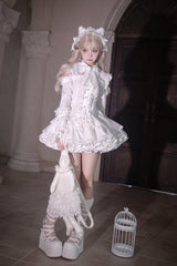 White [Snowy Night Princess] Lapel Collar Long Hime Sleeves Ruffled Bow Lace Gothic Jirai Kei Japanese Skirt Set - Product - 5