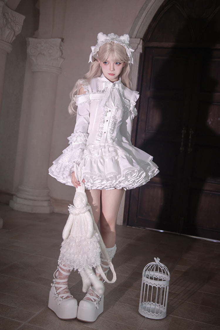 White [Snowy Night Princess] Lapel Collar Long Hime Sleeves Ruffled Bow Lace Gothic Jirai Kei Japanese Skirt Set - Product - 5