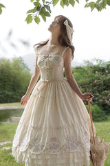 Apricot [Fantasy Butterfly] Triple-Layered Ruffle Embroidery Bowknot Lace Sweet Princess Lolita Jsk Dress - Apricot - 1