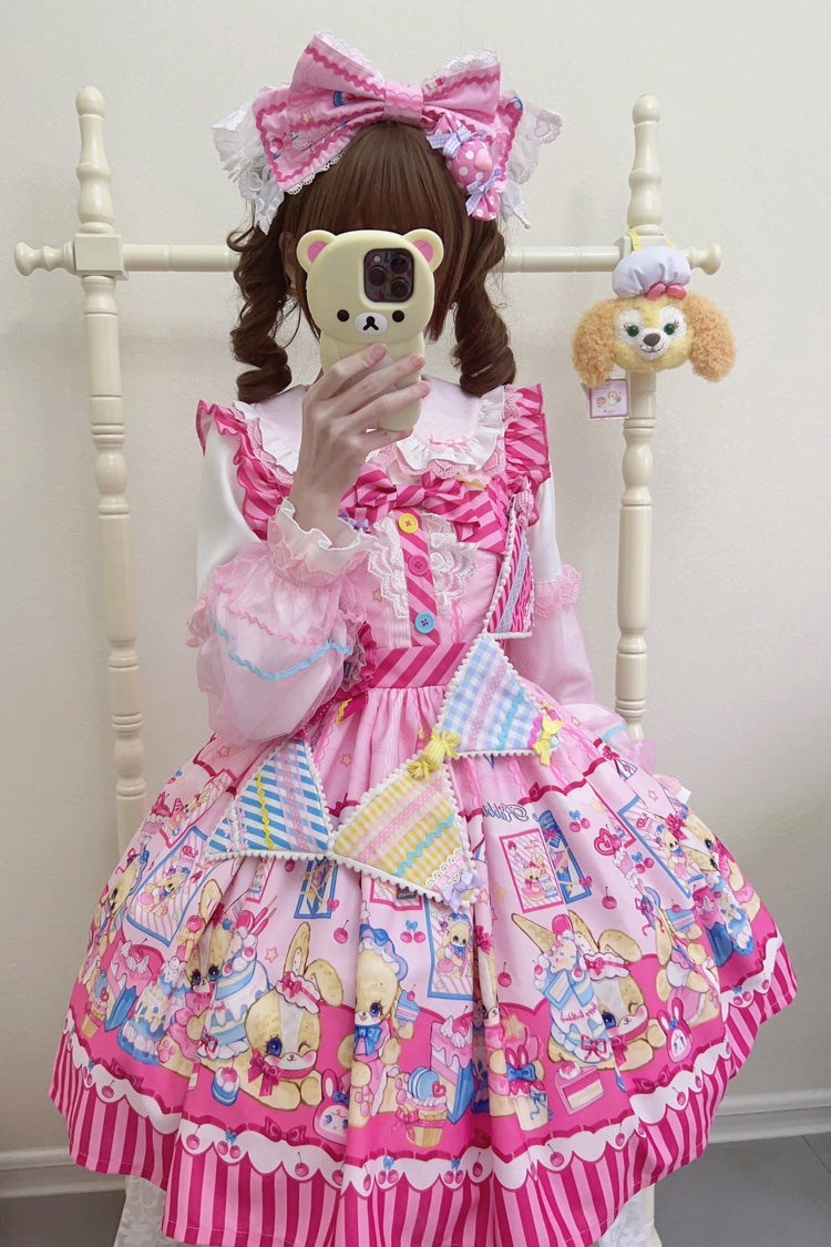[Bunny Pastry Chef] Print Bowknot Gothic Japanese Lolita Jsk Dress 3 Colors - Pink - 3