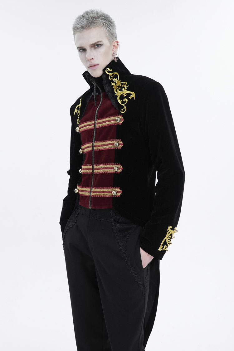 Black/Red Retro Totem Embroidered Swallow Tailed Men's Gothic Coat - Product - 2