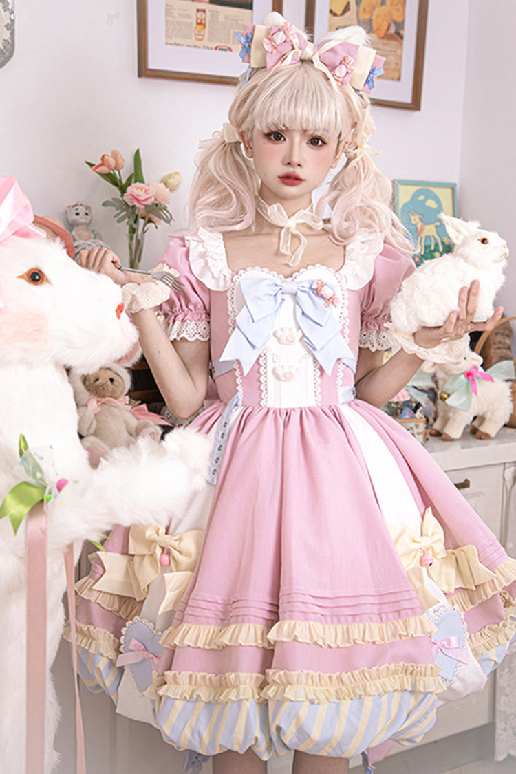 Pink Short Sleeves Print Ruffle Bowknot Lace-Up Sweet Princess Lolita Dress Set - Product - 3