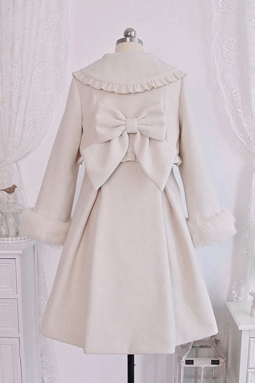 Ivory Double Breasted Bowknot Plush Long Sleeves Fake Two-Piece Woolen Lolita Coat - Product - 3