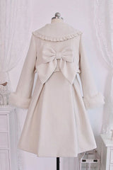 Ivory Double Breasted Bowknot Plush Long Sleeves Fake Two-Piece Woolen Lolita Coat - Product - 3