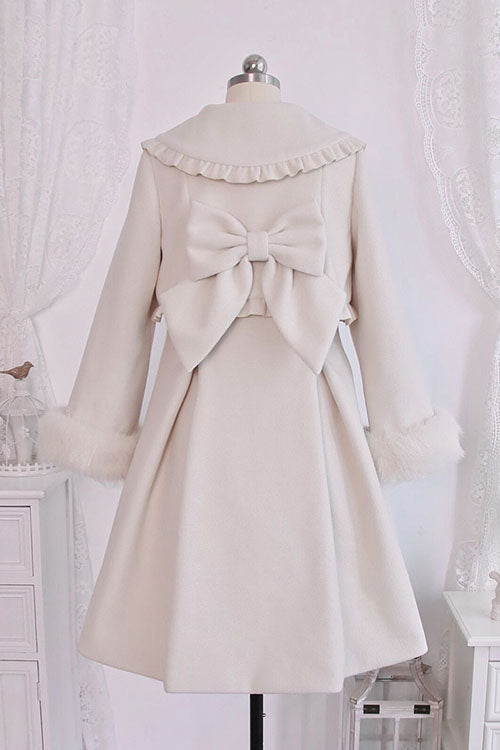 Ivory Double Breasted Bowknot Plush Long Sleeves Fake Two-Piece Woolen Lolita Coat - Product - 3