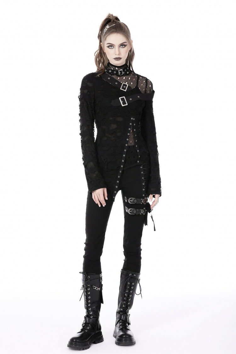 Black Women's Punk Long Sleeves Buckled Asymmetric Ripped Sheer Mesh Splice Top - Product - 9