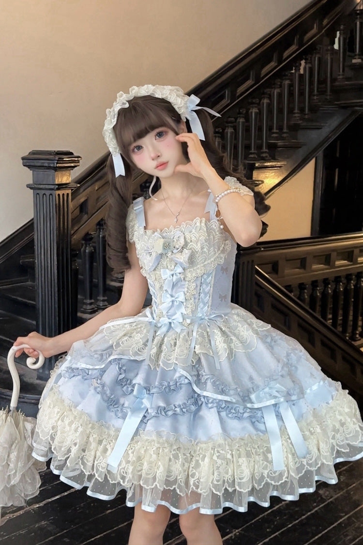 Blue [Dreaming Butterfly] Multi-Layered Jacquard Ruffle Bowknot Lace Sweet Princess Lolita Jsk Dress - Product - 8