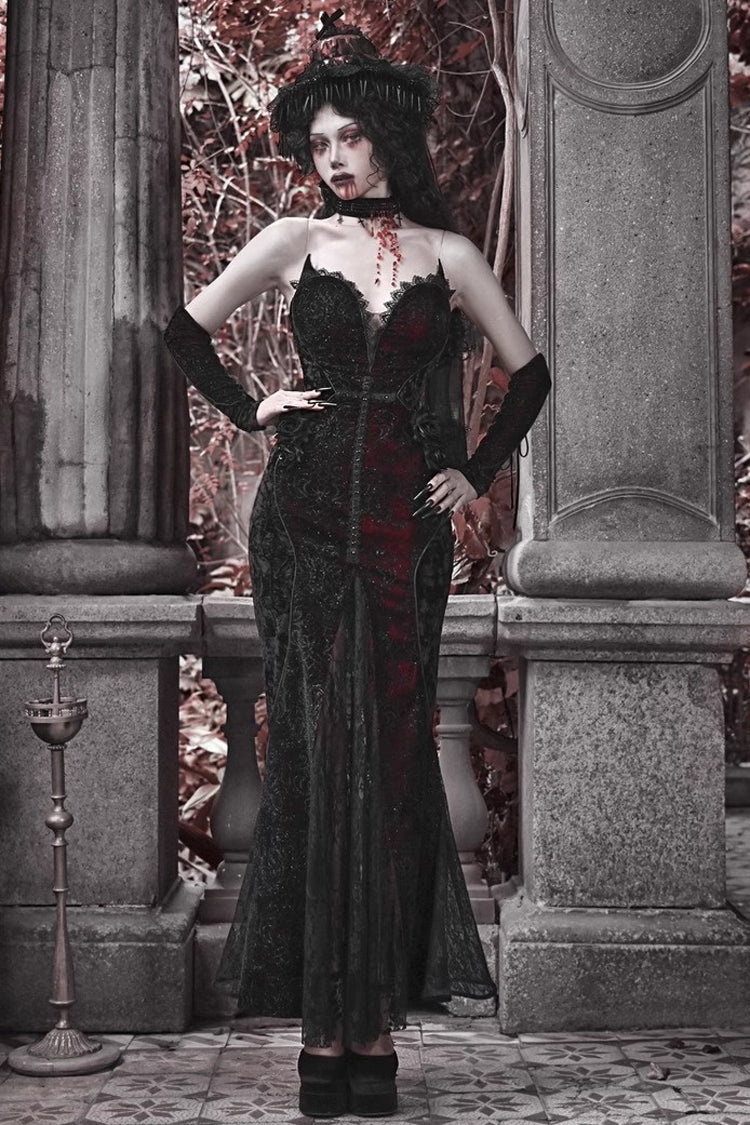 Black/Red [Scarlet Blood Peak] Sleeveless High Waisted Ruffle Embroidery Lace Gothic Lolita Fishtail Dress - Product - 4