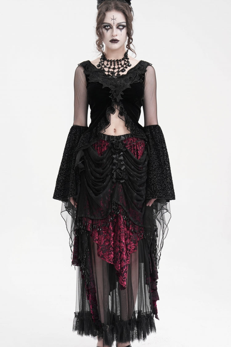 Black Long Sleeves Embroidery Mesh Ripped Women's Gothic Crop Top - Product - 4
