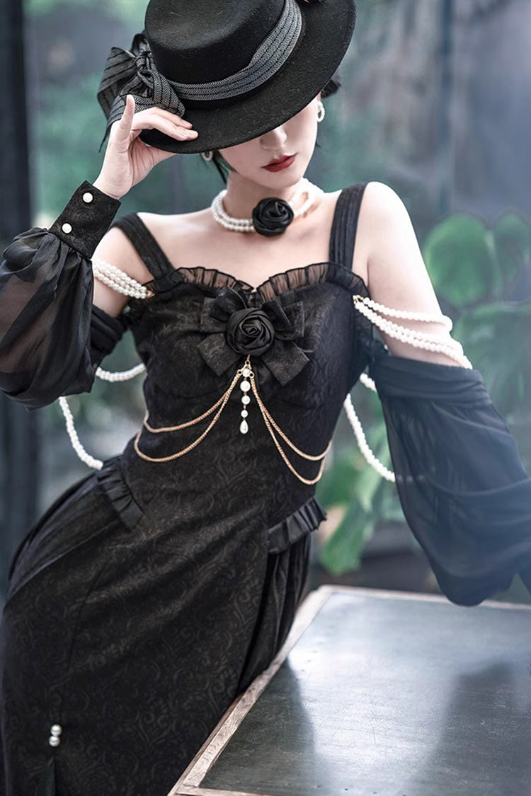 Black [Camellia 1.0] Sleeveless Jacquard Ruffle Lace Gothic Chinese Style Lolita Jsk Fishtail Dress - Product - 11