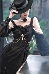 Black [Camellia 1.0] Sleeveless Jacquard Ruffle Lace Gothic Chinese Style Lolita Jsk Fishtail Dress - Product - 11