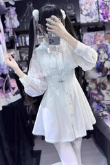 White Shawl Lace Chiffon Long Sleeves Lace Slim Jirai Kei Dress - White - 1