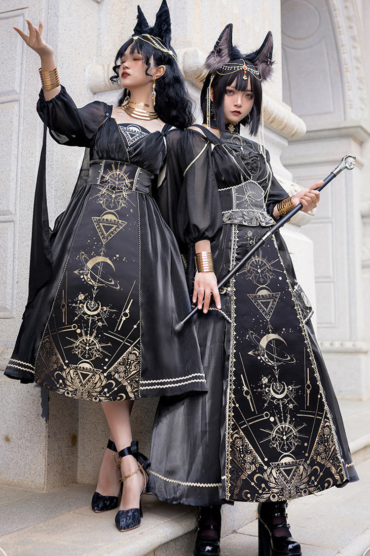Black [Nightmare of Horus] Print Ruffle Hot Stamping Gothic Gorgeous Lolita Jsk Short Dress - Product - 3
