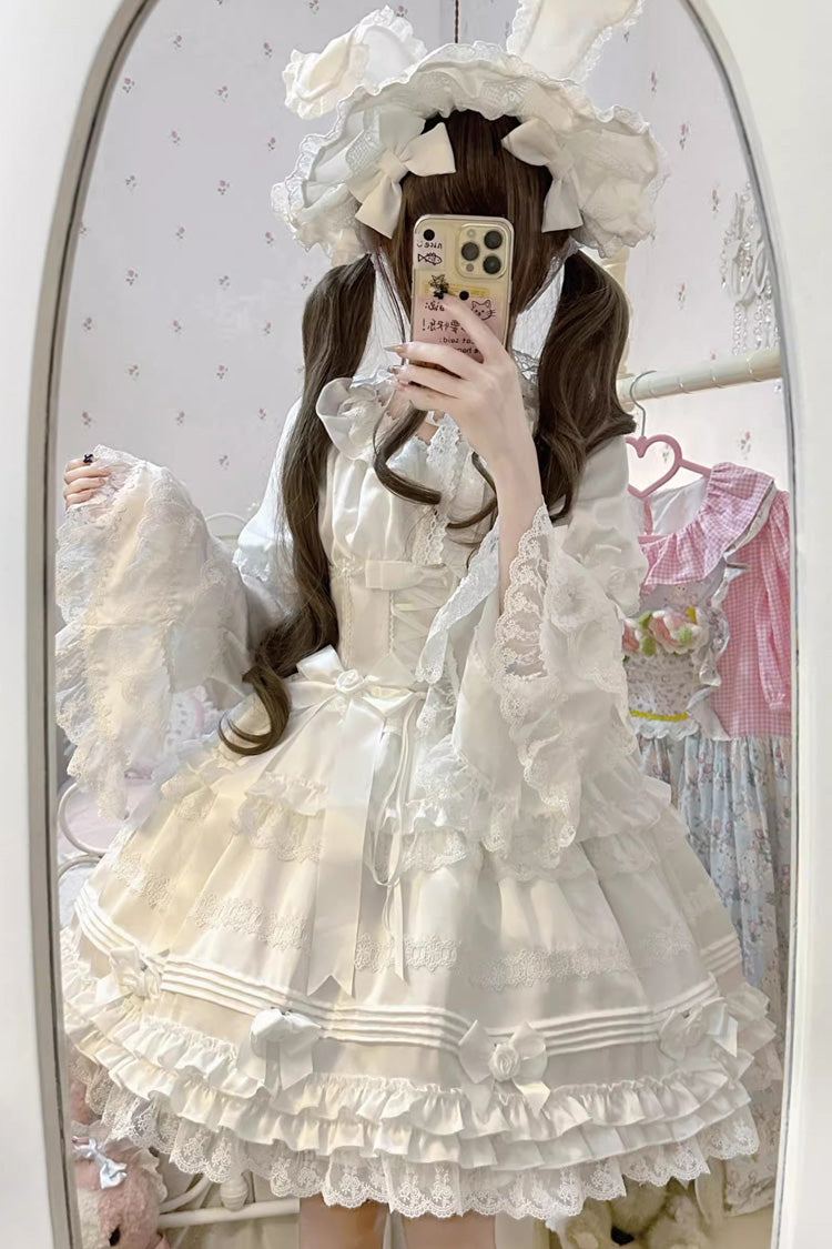 White [Layered Buttercream Frosting] Short Sleeves Ruffle Bowknot Lace Sweet Lolita Dress - Product - 10