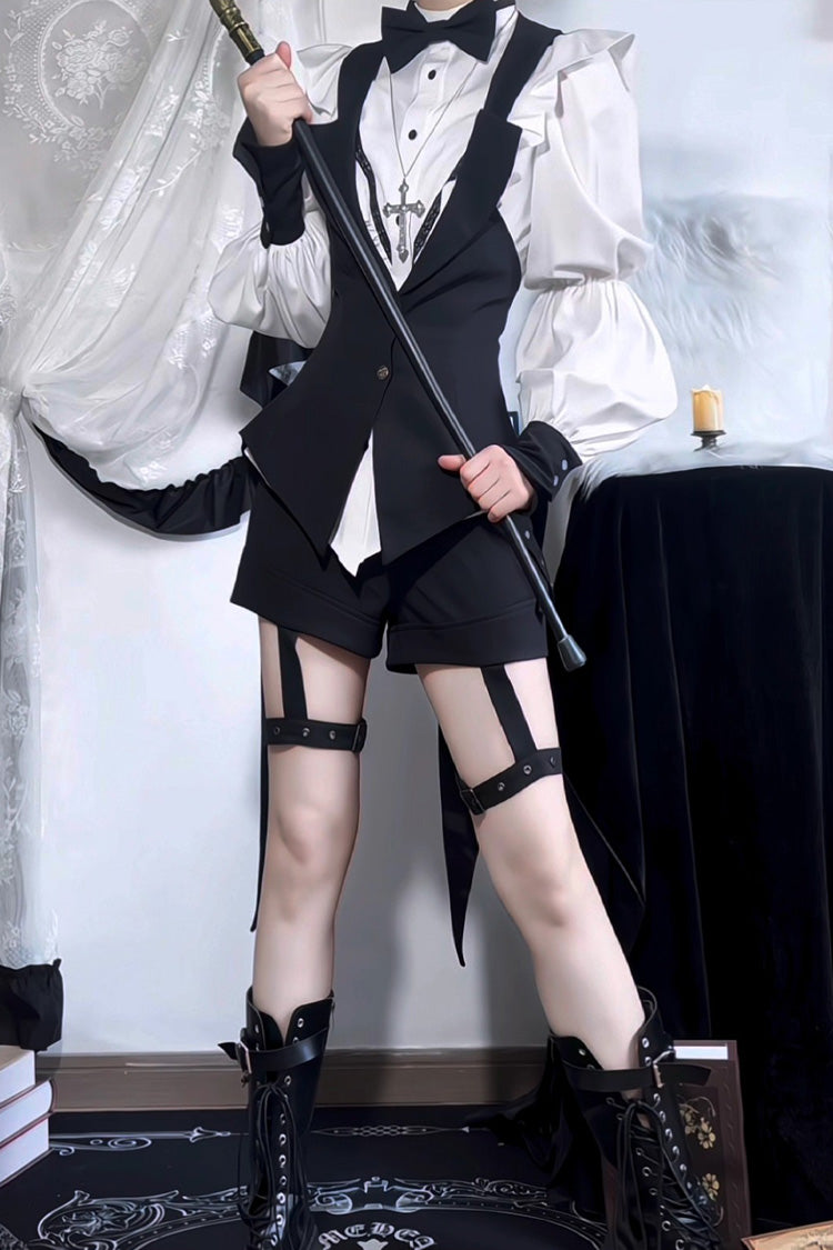 Black/White Stand Collar Long Sleeves Bowknot Gothic Prince Ouji Lolita Blouse Shorts Swallowtail Vest Set - Product - 7