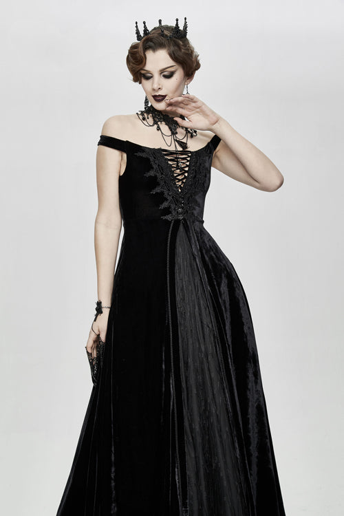 Gothic Queen Velvet Flat Shouders Lace Up Deep V Chest Slim Sexy Womens Long Dress - Product - 2