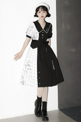 Black/White Stitching Chinese Style Bamboo Print High Waisted Sweet Lolita Dress - Product - 3