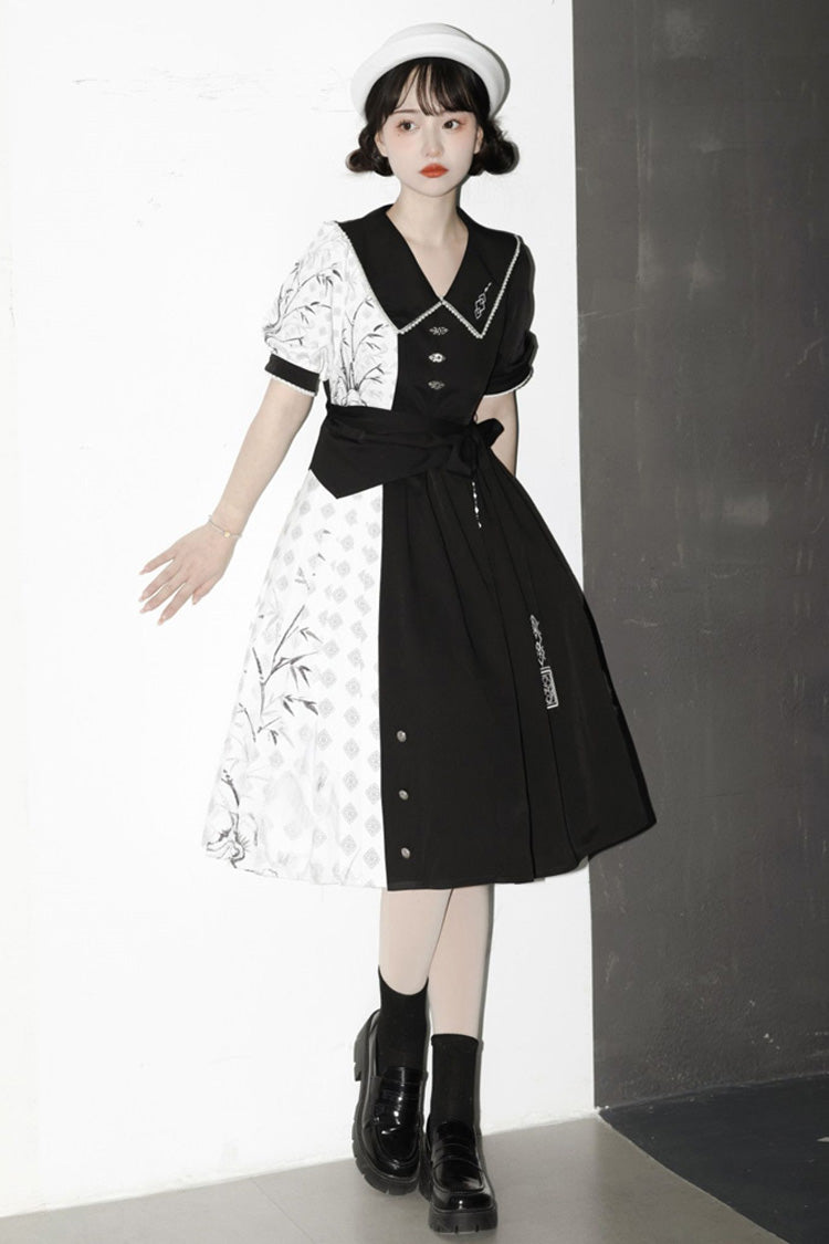Black/White Stitching Chinese Style Bamboo Print High Waisted Sweet Lolita Dress - Product - 3