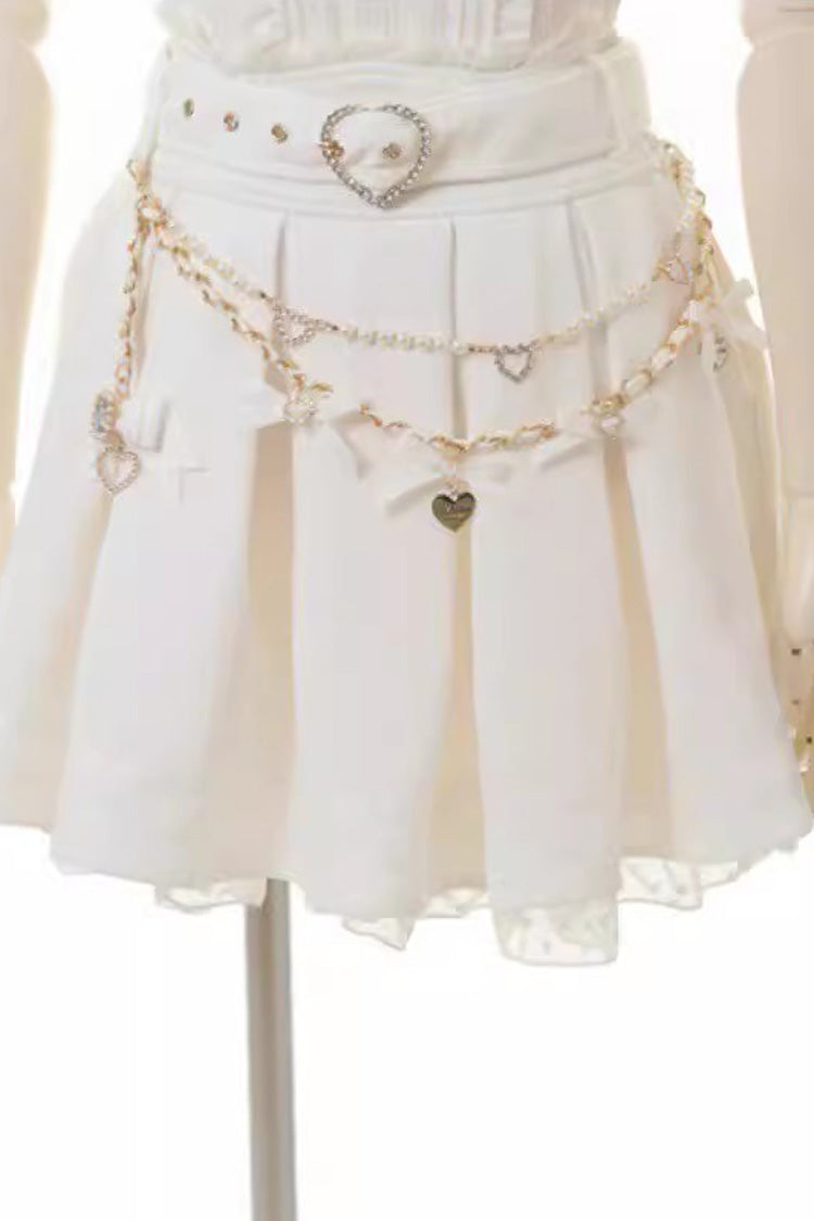 Sweet Heart Belt Printed Ruffled Bow Pearl-Decorated Chain-Decorated Plus Size Pleated Jirai Kei Skirt - White - 5