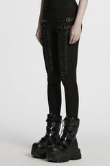 Black Buckle Straps Pleated Women's Punk Leggings - Product - 2