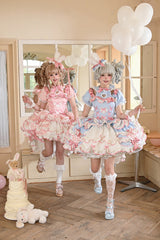 [Bunny Hime] Doll Collar Short Sleeves Multi-Layered Ruffled Bow Sweet Lolita Dress 2 Colors (Blue, Pink) - Product - 10
