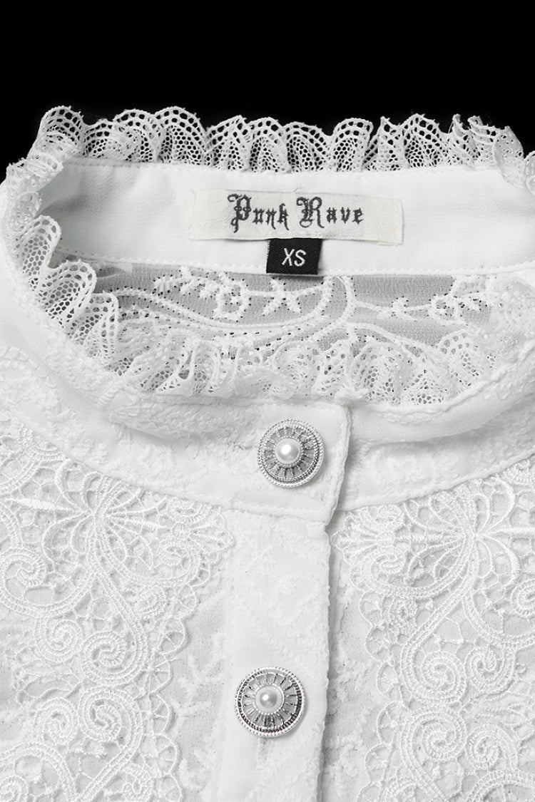 White Stand Collar Long Puff Sleeves Floral Embroidered Women's Gothic Blouse - Product - 5