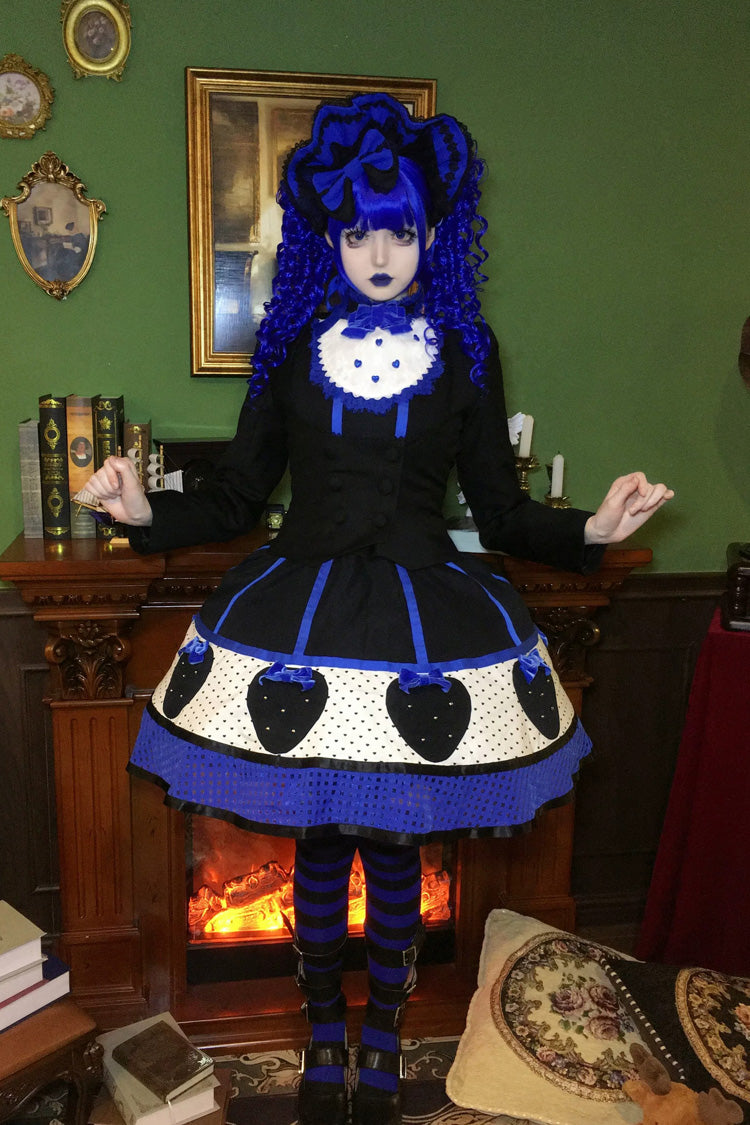 [Miss Peculiar Strawberry] Stand Collar Sleeveless Printed Bow Sweet Lolita Dress 2 Colors (Red, Blue/Black) - Product - 10