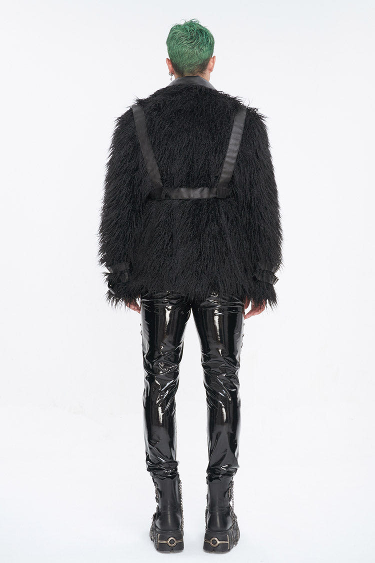 Black Lapel Collar Collar Faux Fur Men's Punk Jacket - Product - 5