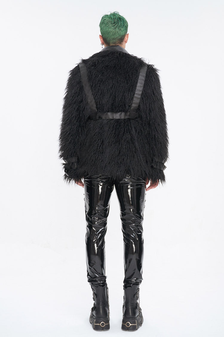 Black Lapel Collar Collar Faux Fur Men's Punk Jacket - Product - 5