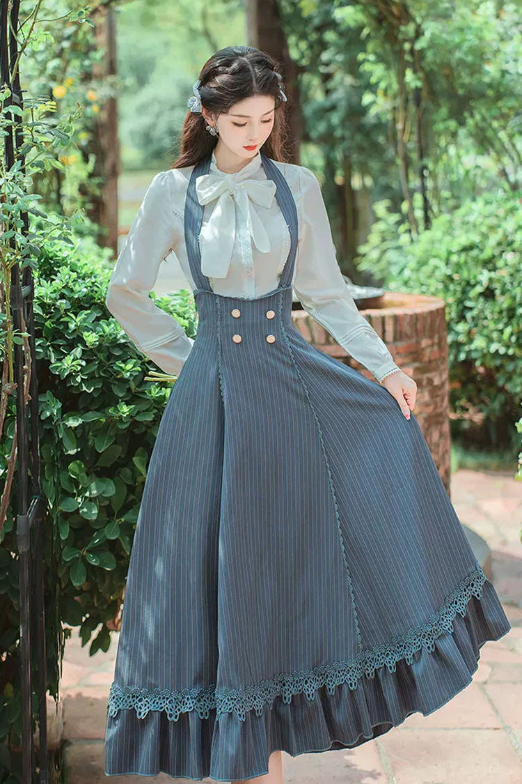 Blue Bustier Halterneck Long Sleeves Striped Printed Bow Lace Sweet Lolita Two-Piece Skirt Set - Blue - 1