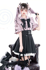 Black/Pink Short Sleeves Ruffle Slim Jirai Kei Japanese Skirt Set - Product - 4