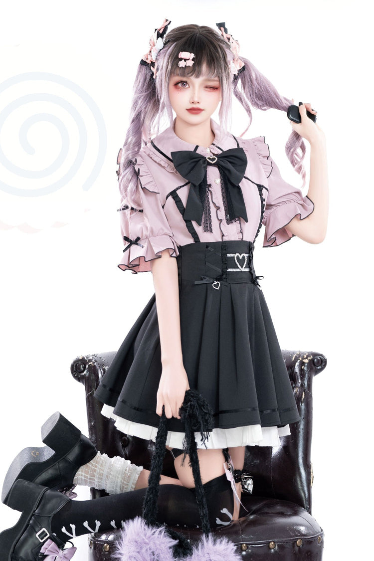 Black/Pink Short Sleeves Ruffle Slim Jirai Kei Japanese Skirt Set - Product - 4