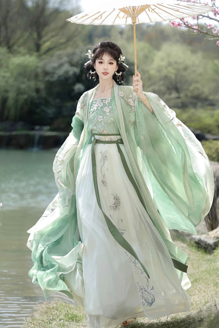 Green [Qingdie] Song Dynasty Ruffle Embroidery Sweet Chinese Style Hanfu Dress Full Set - Product - 5