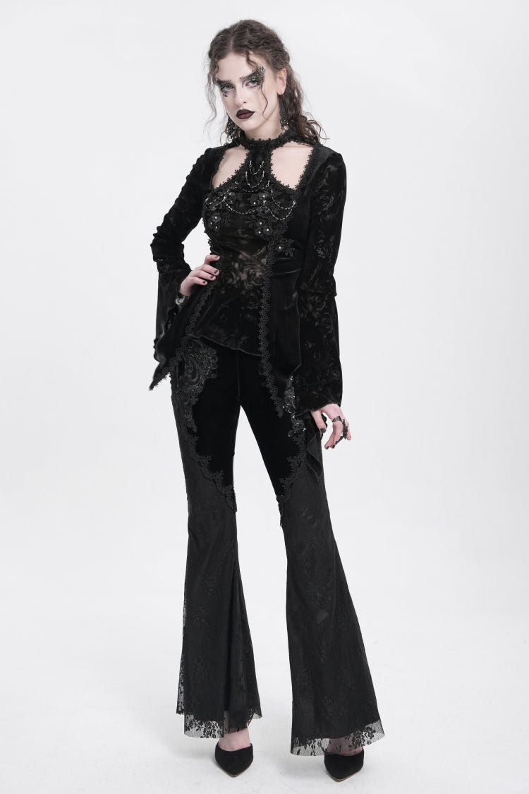 Black Floral Embroidery Stitching Lace Women's Gothic Pants - Product - 6