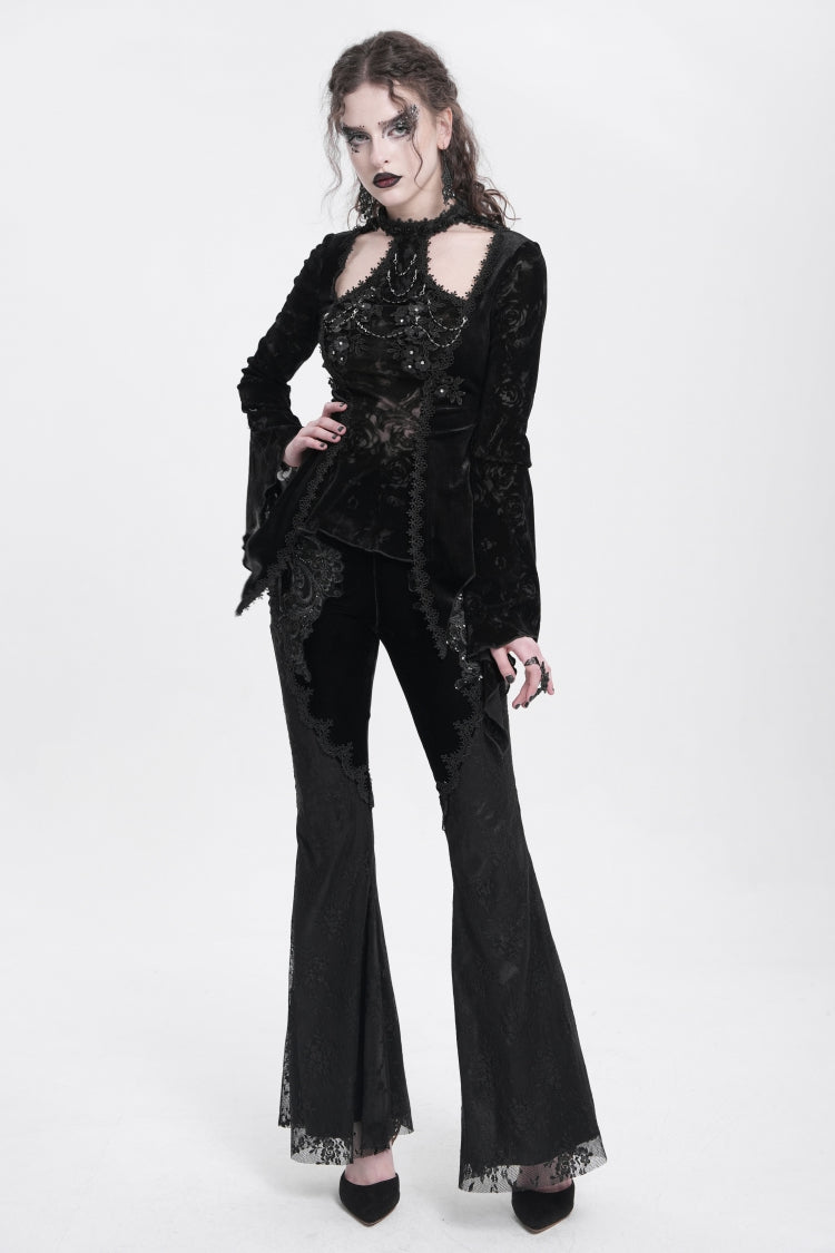 Black Floral Embroidery Stitching Lace Women's Gothic Pants - Product - 6