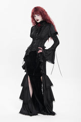 Black Stand Collar Long Puff Sleeves Floral Jacquard Lace-Up Women's Gothic Blouse - Product - 10