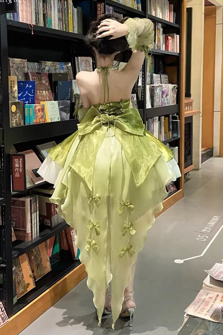 Green [Camellia Covenant] Halterneck Ruffled Bow Lace Lace-Up Sweet Lolita Jsk Dress - Product - 3