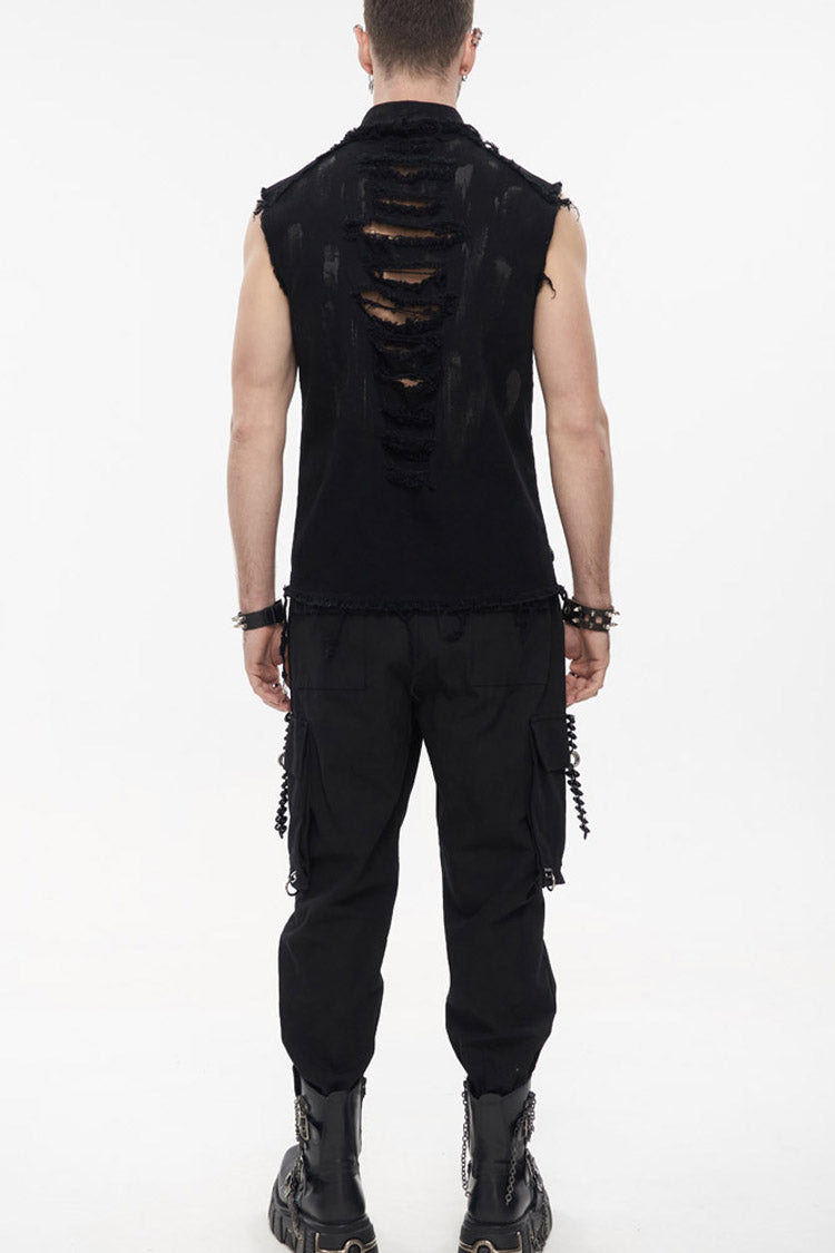 Black Punk Standing Collar Irregular Hand-Painted Sleeveless Metal Decoration Tattered Men's Shirt - Product - 8