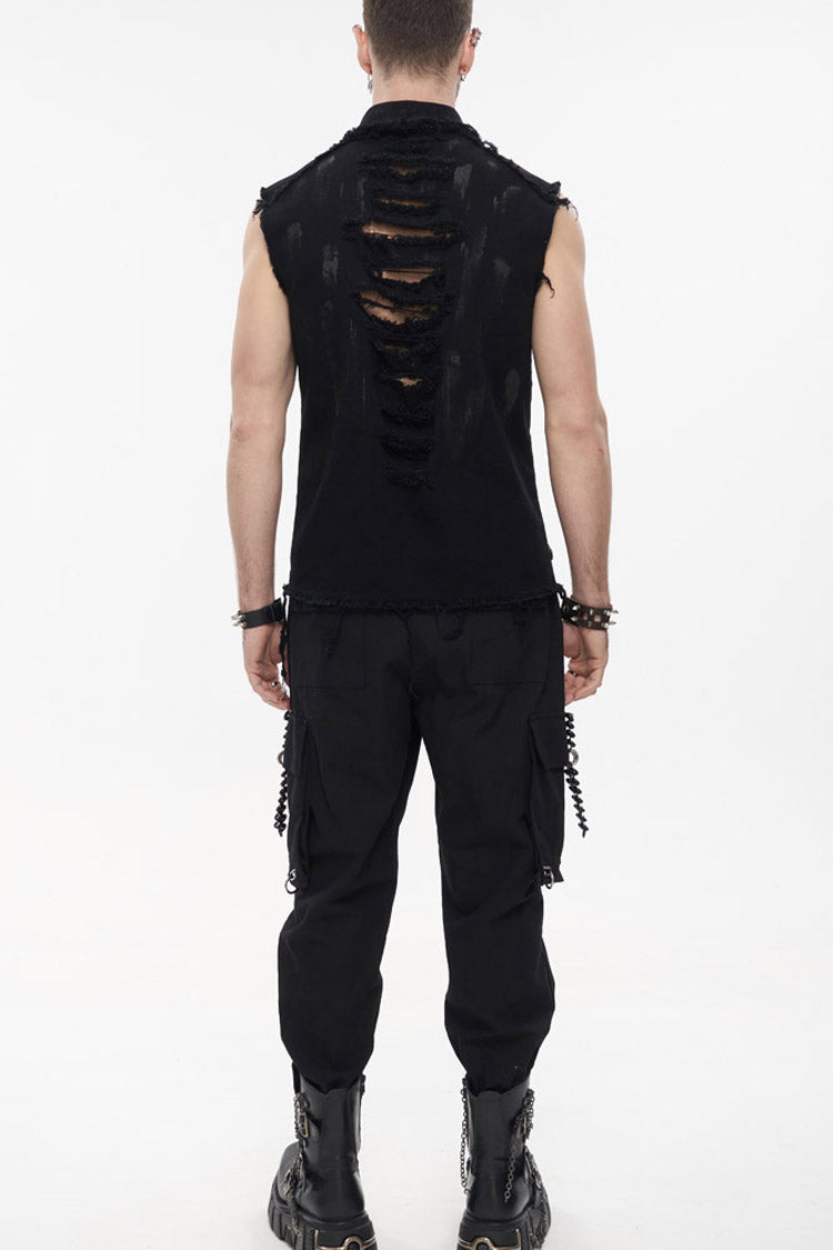 Black Punk Standing Collar Irregular Hand-Painted Sleeveless Metal Decoration Tattered Men's Shirt - Product - 8